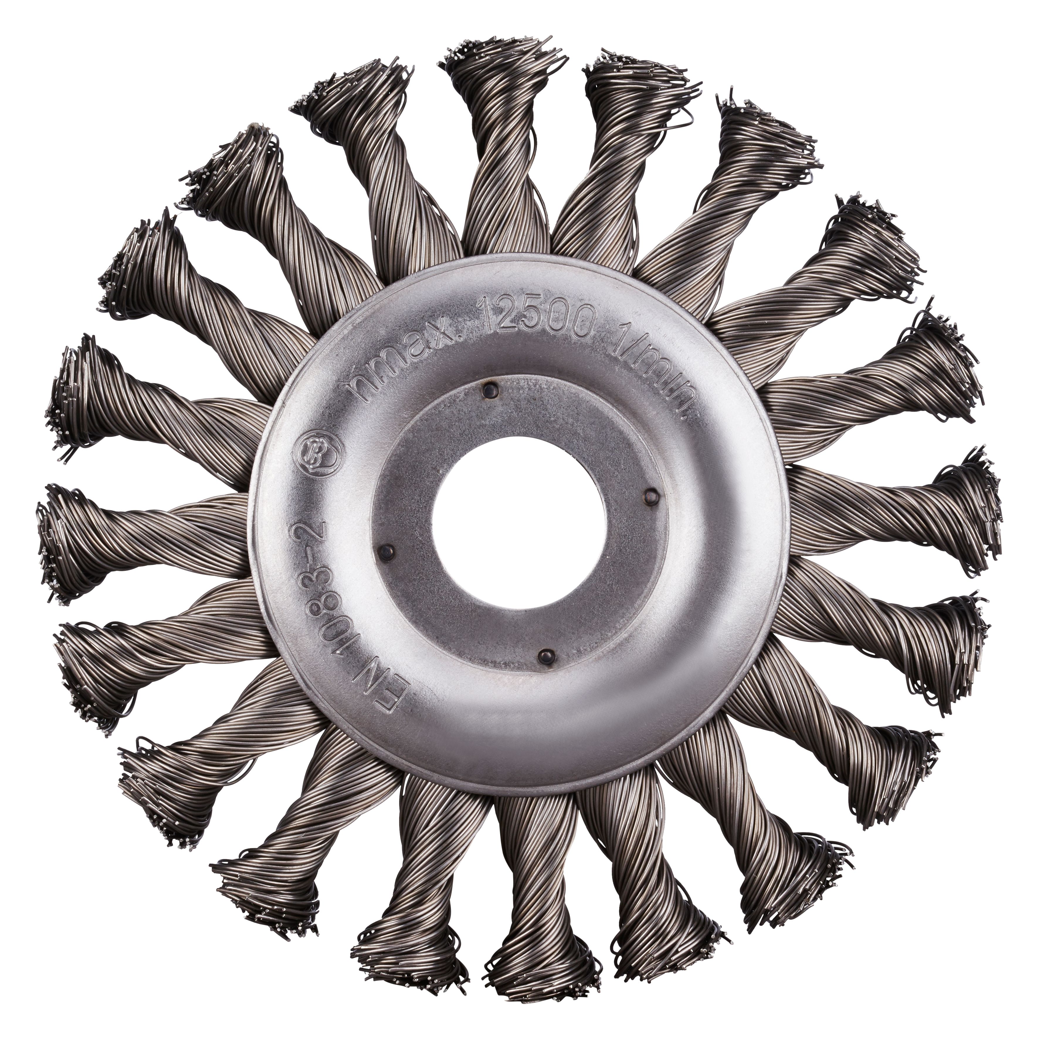 353002 SRBZ radiale staalborstel, een radiale borstel van staal met getordeerde draad van staal. Deze staalborstel heeft een diameter van 125 mm, een asgat van 22.23 mm en een draaddikte van 0.50 mm. Eigenschappen: - Voor groot reinigend vermogen - Voor het verwijderen van zware aantastingen - Voor doelgericht werken. Deze radiale staalborstels zijn geschikt voor het gebruik op de haakse slijper. Geschikt voor de bewerking van staal. 10 radiale staalborstels per doos