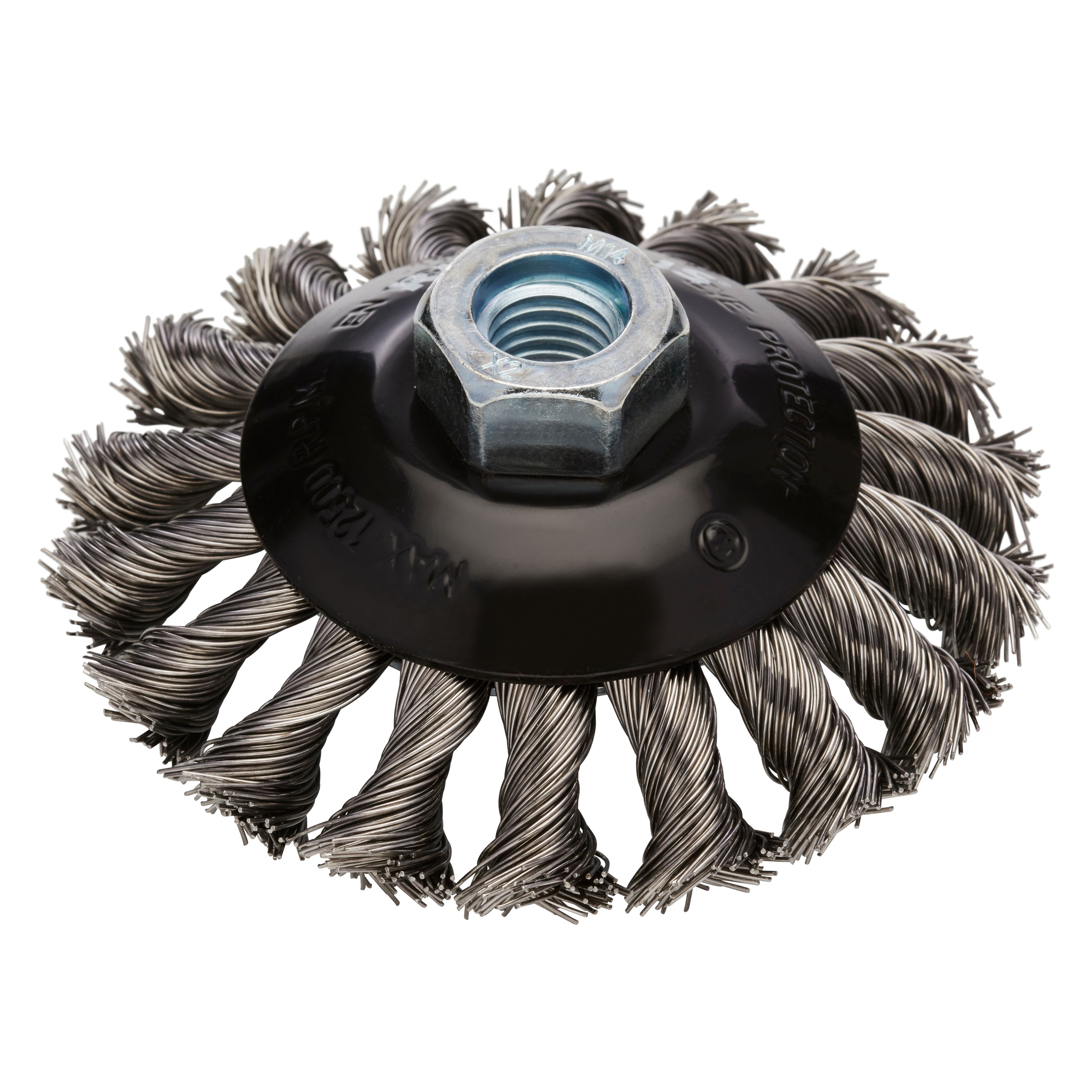 353021 SKBZ kegelborstel, een kegelborstel van staal met getordeerde staaldraad. De kegelborstel heeft een diameter van 100 mm, M14 asgat en een draaddikte van 0.50 mm. Eigenschappen: - Groot reinigend vermogen - Voor het verwijderen van zware aantastingen - Combineert de voordelen van komborstels en radiale borstels. Deze kegelborstels zijn geschikt voor het gebruik op de haakse slijper. Geschikt voor de bewerking van staal. De kegelborstel is per stuk verpakt