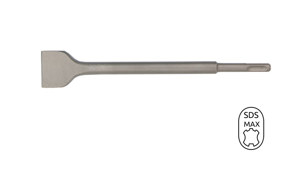 BTLM01009 Beitel SDS Max, een tegel beitel met een afmeting van 300 mm x 80 mm, van gehard staal met een SDS- plus aansluiting. Voor het hakken en breken van steen en beton