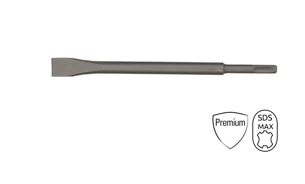 BTLP1005 Beitel SDS Max Premium, een platte beitel met een afmeting van 400 mm 25 mm, van gehard staal met een SDS- plus aansluiting. Voor het hakken en breken van steen en beton