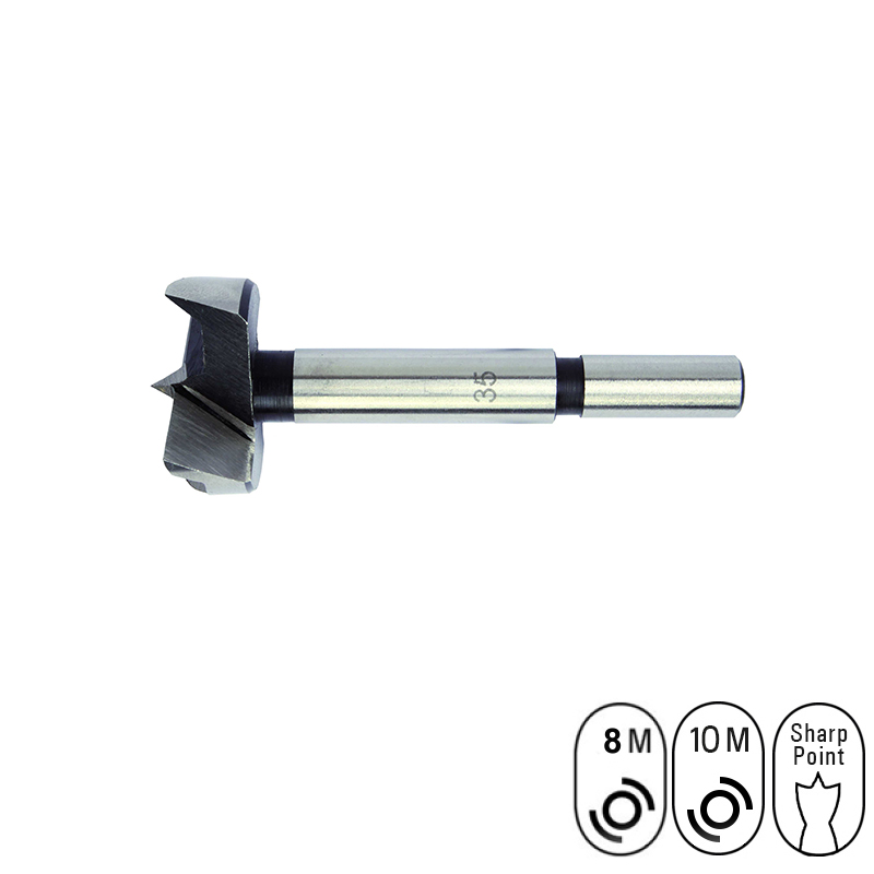 FHB00800 Forstner bit houtboor 8 mm voor het boren van blinde gaten in hout. Een forstner houtboor is ook wel bekend onder de naam scharnierenboor. Voorzien van een geslepen centreerpunt voor het exact aanboren. De 2 hoofdsnijkanten zorgen voor mooie ronde gaten, zelfs bij gevoelige randen. Wanneer je grotere diameters nodig hebt, kijk dan bij onze Forstner Houtboren met tanden.