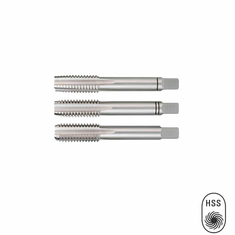 HTS230040 Handtappen M4 voor het tappen van inwendig draad in de meest voorkomende staalsoorten. Set van 3 stuks. Te gebruiken in combinatie met een tapkruk of wringijzer. EIGENSCHAPPEN: - Volledig geslepen HSS - Volgens DIN352 - Effectieve lengte 12 mm - Voorboren 3.3 mm