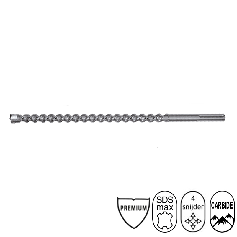 HSMP400920 Hamerboor SDS Max 40 mm x 920 mm is een betonboor met SDS Max aansluiting voor het zware werk. De premium kwaliteit heeft een slijtvaste coating wat de hamerboor zeer duurzaam maakt. De betonboor heeft een diep en rond spiraal, wat het afvoer van gruis en stof makkelijk maakt. Voor het kloppen in steen en (gewapend) beton. De boorkop heeft een extra geharde inzet en carbide coating. 4 snijder boorkop.