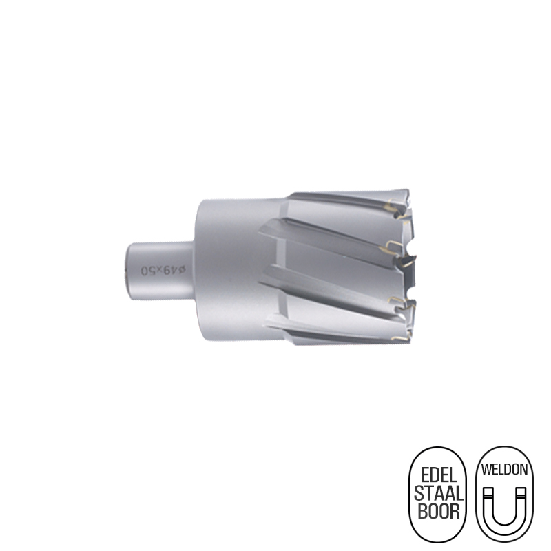 KBT470500 Kernboor TCT, dia 47.0 x L50 mm, uit gehard staal(HSS). Geschikt voor de meeste standaard magneetboormachines. De boor heeft een Weldon aansluiting voor vaste klemming van de boor in de houder. Hierdoor voorkomt het doordraaien en zorgt het voor nauwkeurige boorgaten. – Diverse diameters – Weldon aansluiting – HSS M2 boor Door de schuine snijhoeken heeft de boor een laag frictie gehalte waardoor de boor zeer slijtvast is. De Kernboor TCT is geschikt voor het boren in harde metaalsoorten zoals RVS, koper, messing, gietijzer en meer.