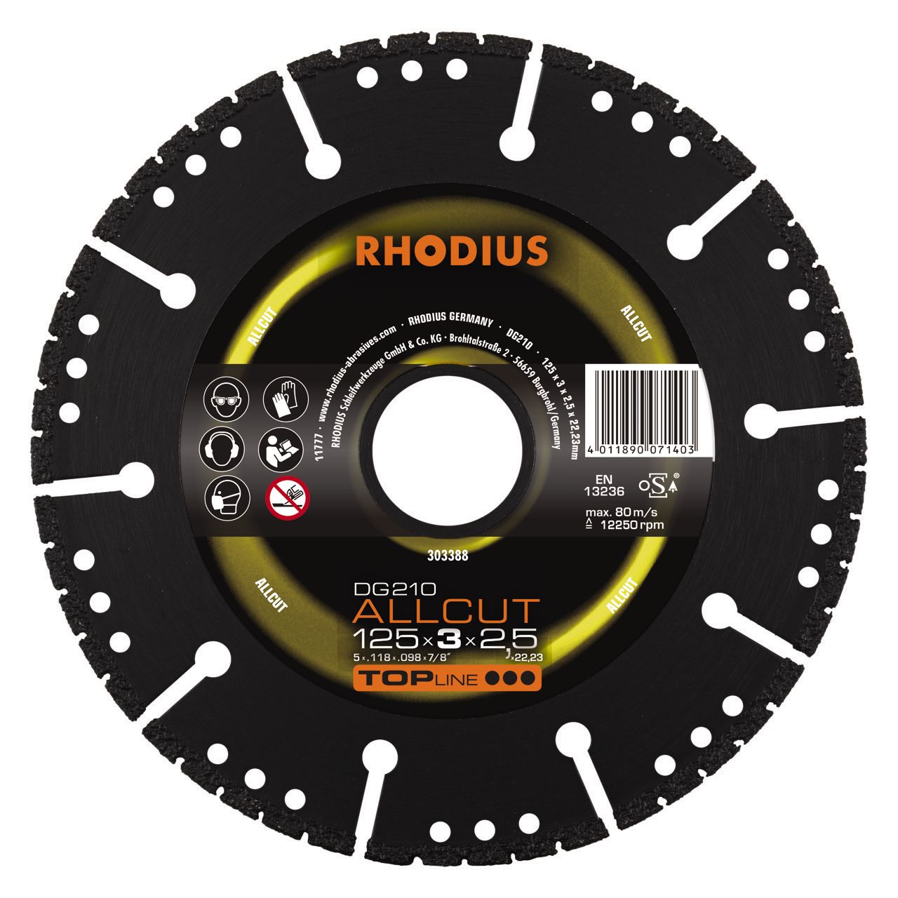 303388 DG210 Allcut 125 mm is een universele schijf voor gebruik op vele materialen zoals, Betonstaal, Porselein, Graniet, Geglazuurde tegels, Marmer, Hardsteen, Betonbuizen, Straatkeien, Keramische dakpannen, Plastic, Composiet, Trottoirbanden, Stoeptegels, Metselbakstenen, Straatklinkers, Beton, Betondakpannen, Blokstenen, Hard kalkzandsteen, Droogstapelblokken en meer. EIGENSCHAPPEN: - Geschikt voor nat- en droog slijpen - Constant doorslijpvermogen - Onder vacuüm gesoldeerd - Koelgaten onder segmenten voorkomen oververhitting.