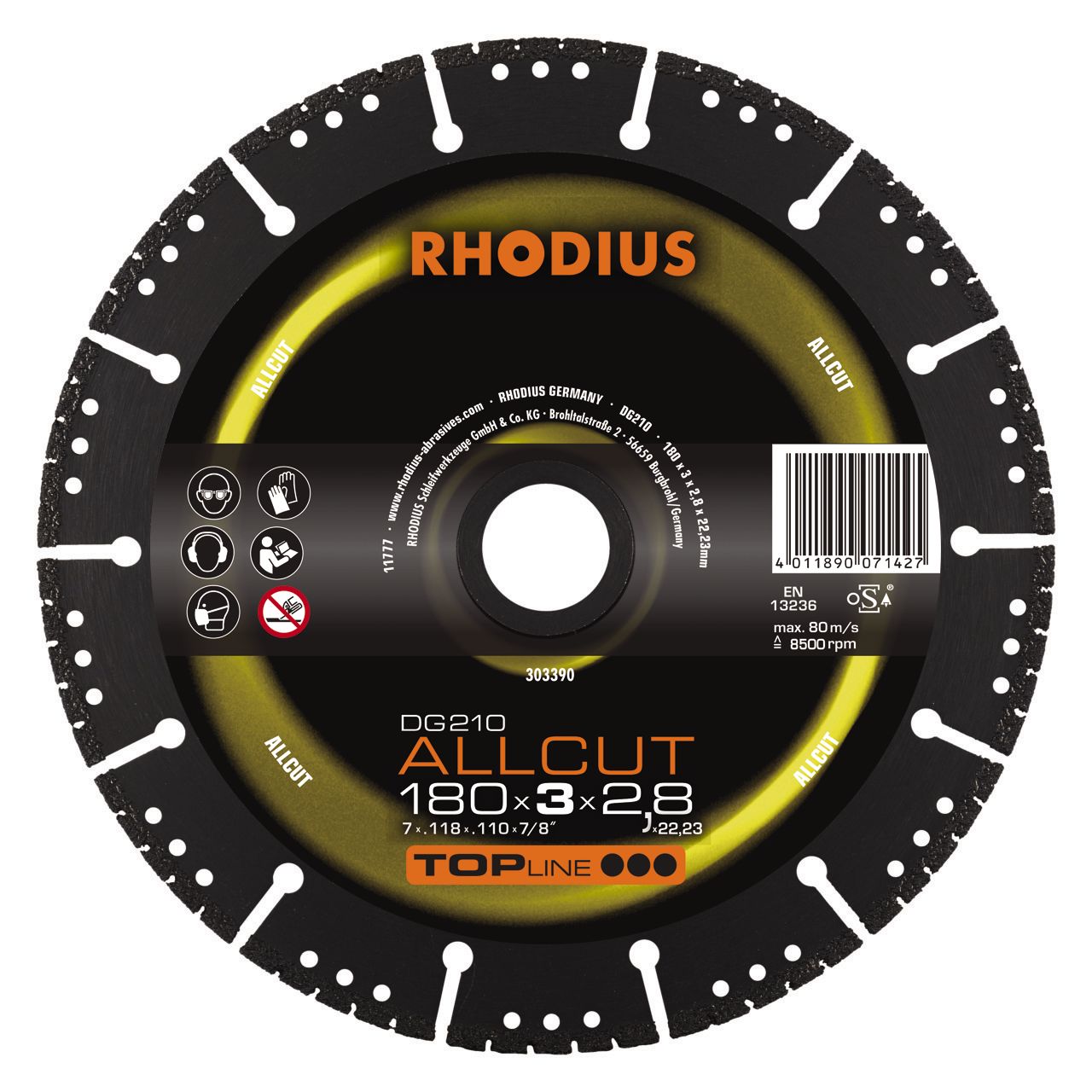 303390 DG210 Allcut 180 mm is een universele schijf voor gebruik op vele materialen zoals, Betonstaal, Porselein, Graniet, Geglazuurde tegels, Marmer, Hardsteen, Betonbuizen, Straatkeien, Keramische dakpannen, Plastic, Composiet, Trottoirbanden, Stoeptegels, Metselbakstenen, Straatklinkers, Beton, Betondakpannen, Blokstenen, Hard kalkzandsteen, Droogstapelblokken en meer. EIGENSCHAPPEN: - Geschikt voor nat- en droog slijpen - Constant doorslijpvermogen - Onder vacuüm gesoldeerd - Koelgaten onder segmenten voorkomen oververhitting.