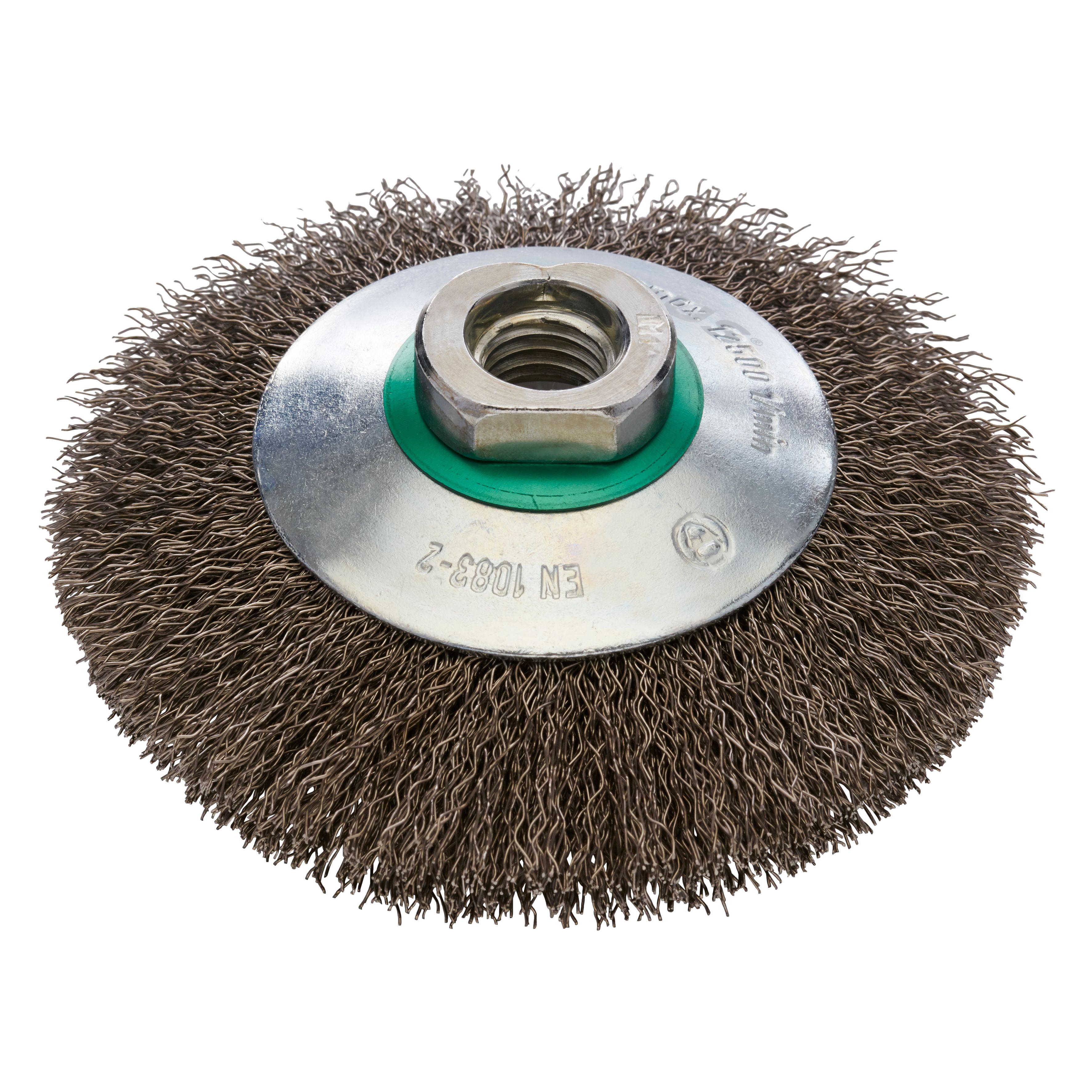 353026 EKBW kegelborstel, een kegelborstel van roestvast staal met gegolfde draad van roestvast staal. De kegelborstel heeft een diameter van 100 mm, M14 asgat en een draaddikte van 0.30 mm. Eigenschappen: - Voor flexibel werken - Voor het behoedzaam reinigen - Combineert de voordelen van komborstels en radiale borstels. Deze kegelborstels zijn geschikt voor het gebruik op de haakse slijper. Geschikt voor de bewerking van staal, RVS en aluminium. De kegelborstel is per stuk verpakt