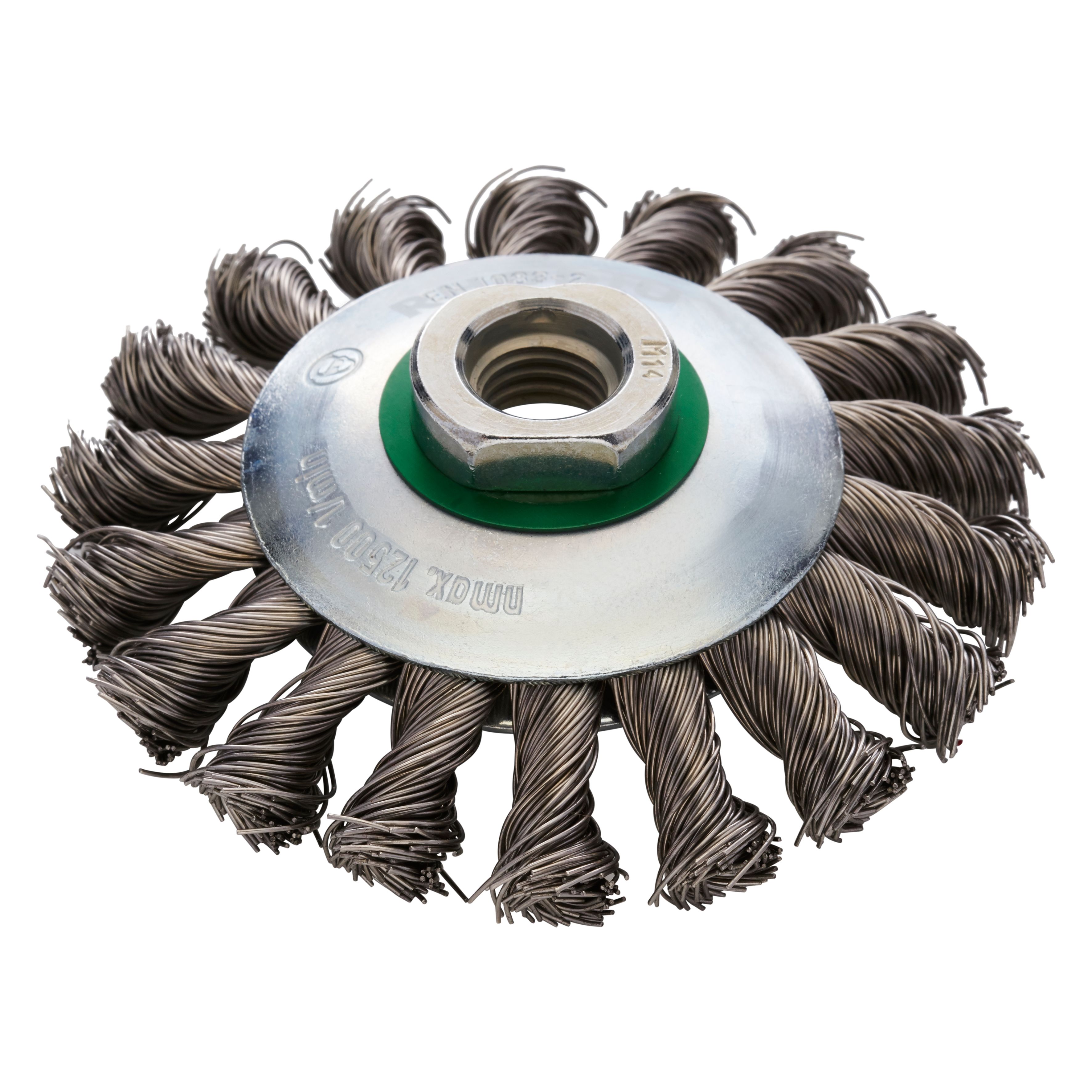 353023 EKBZ kegelborstel, een kegelborstel van roestvast staal met getordeerde draad van roestvast staal. De kegelborstel heeft een diameter van 100 mm, een M14 asgat en een draaddikte van 0.50 mm. Eigenschappen: - Groot reinigend vermogen - Voor het verwijderen van zware aantastingen - Combineert de voordelen van komborstels en radiale borstels. Deze kegelborstels zijn geschikt voor het gebruik op de haakse slijper. Geschikt voor de bewerking van staal en RVS. De kegelborstel is per stuk verpakt