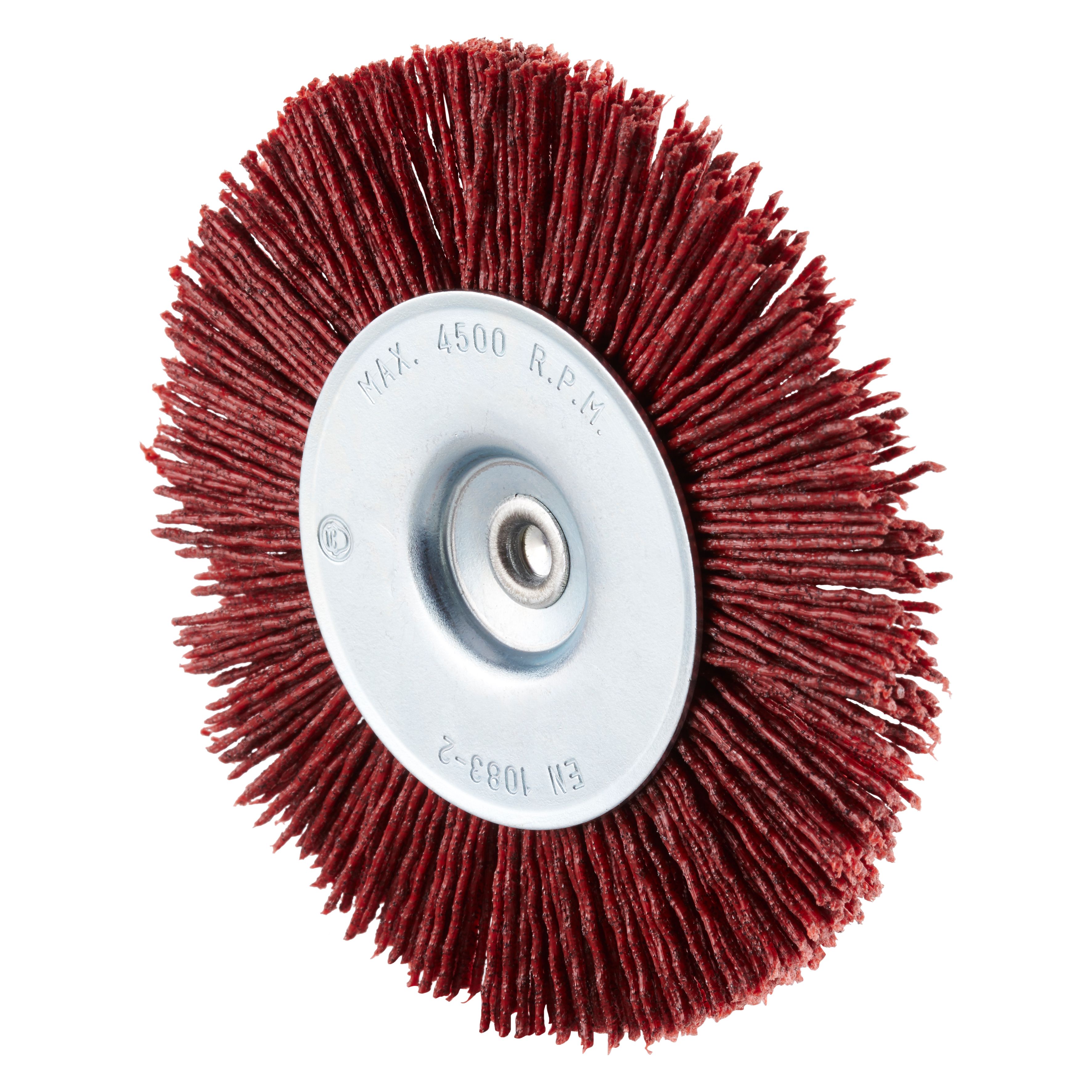 353038 HRB ronde nylonborstel, een radiale borstel met abrasieve borstelharen. Deze borstel heeft een diameter van 100 mm, een asgat van 6.0 mm en een grove korrelgrootte. Eigenschappen: - Lange levensduur - Gelijkmatige schuurprestatie door het permanent vrijkomen van korrels - Tevens geschikt voor het structureren van hout. Deze ronde nylonborstels zijn geschikt voor het gebruik op de haakse slijper en boormachine. Geschikt voor de bewerking van staal, RVS, hout en aluminium. 10 radiale borstels per doos