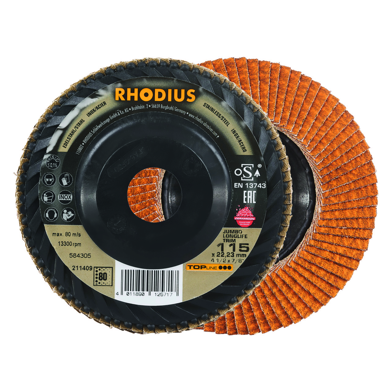 211409 Jumbo Longlife lamellenslijpschijf, een conisch gevormde, trimbare lamellenschijf met extra lange en dicht op elkaar liggende lamellen voor zeer lange levensduur. De lamellenslijpschijf heeft een diameter van 115 mm, en asgat van 22.23 mm en een K80 korrelgrootte. Eigenschappen: - Groot verspanend vermogen - Bijzonder lange levensduur - Bijzonder goed bij het kantslijpen - IJzer- en zwavelvrij. Deze lamellenslijpschijven zijn geschikt voor het gebruik op de haakse slijper. Geschikt voor de bewerking van Staal en RVS. 10 lamellenslijpschijven per doos