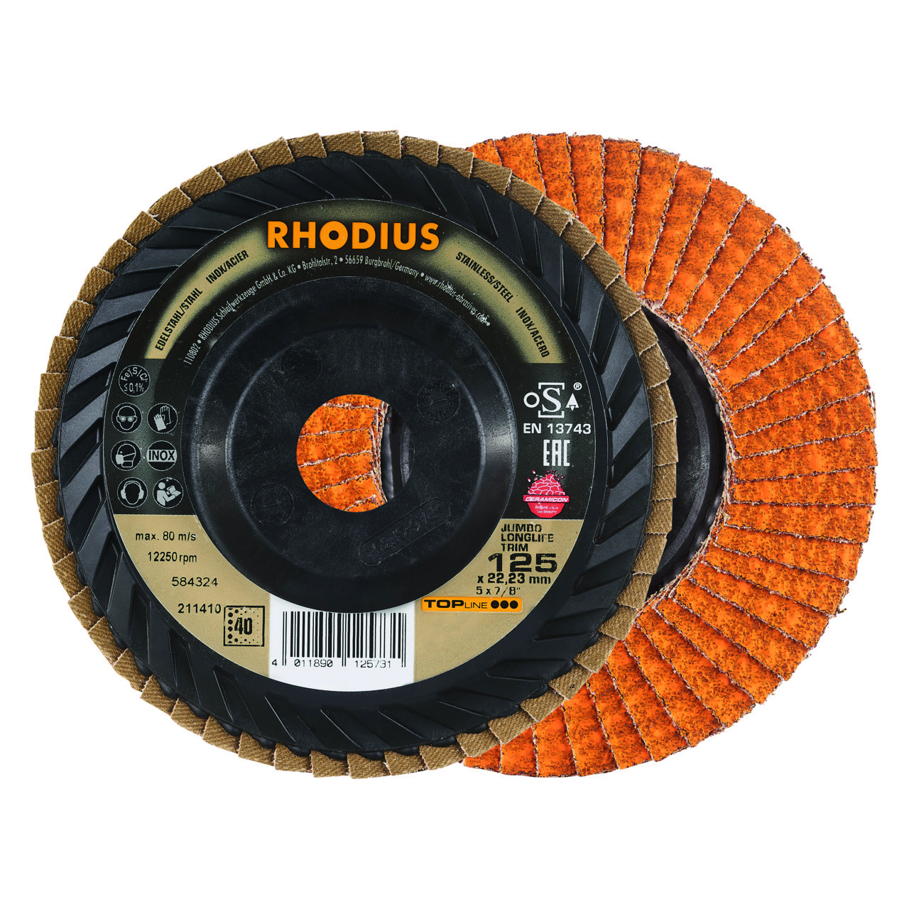 211410 Jumbo Longlife lamellenslijpschijf, een conisch gevormde, trimbare lamellenschijf met extra lange en dicht op elkaar liggende lamellen voor zeer lange levensduur. De lamellenslijpschijf heeft een diameter van 125 mm, en asgat van 22.23 mm en een K40 korrelgrootte. Eigenschappen: - Groot verspanend vermogen - Bijzonder lange levensduur - Bijzonder goed bij het kantslijpen - IJzer- en zwavelvrij. Deze lamellenslijpschijven zijn geschikt voor het gebruik op de haakse slijper. Geschikt voor de bewerking van Staal en RVS. 10 lamellenslijpschijven per doos