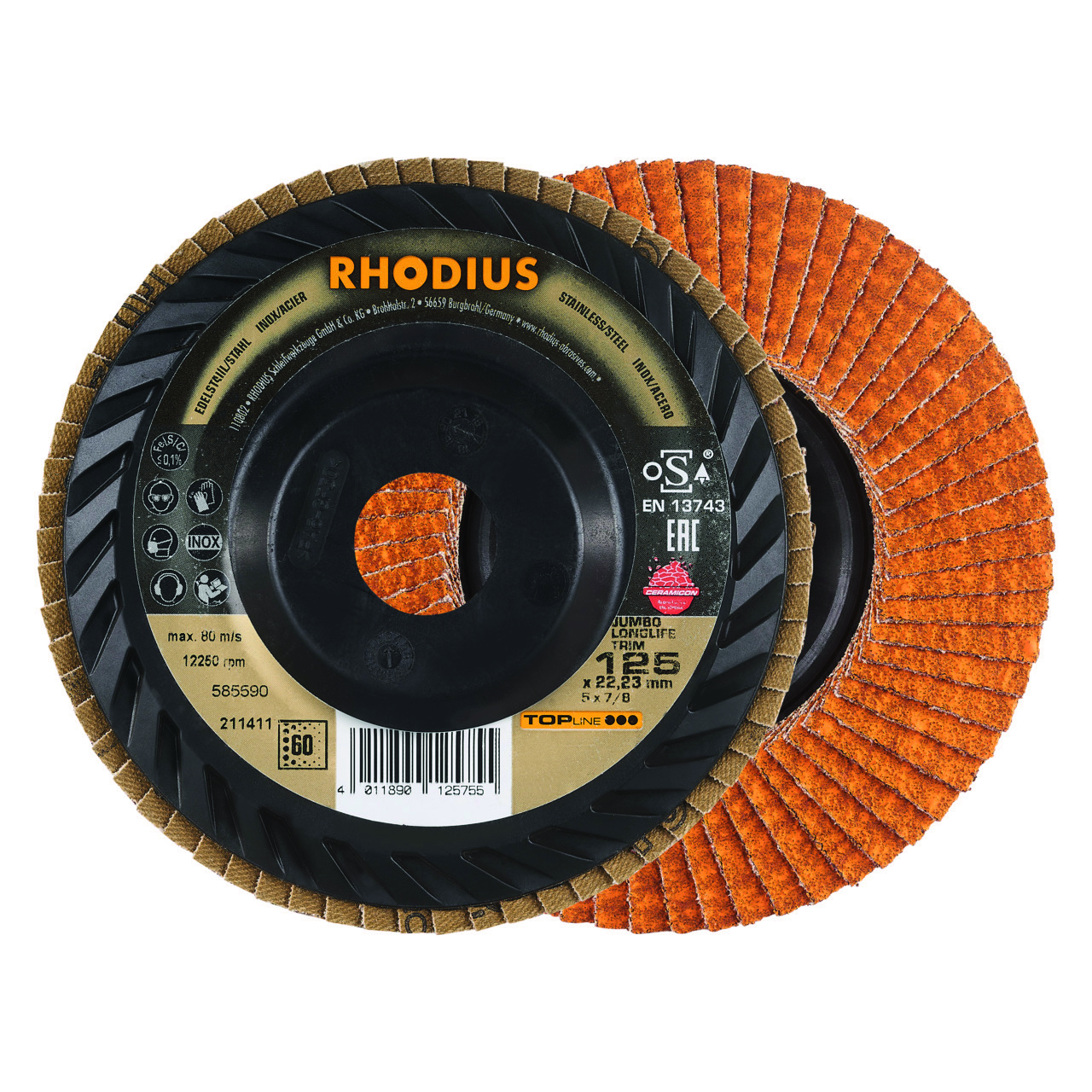 211411 Jumbo Longlife lamellenslijpschijf, een conisch gevormde, trimbare lamellenschijf met extra lange en dicht op elkaar liggende lamellen voor zeer lange levensduur. De lamellenslijpschijf heeft een diameter van 125 mm, en asgat van 22.23 mm en een K60 korrelgrootte. Eigenschappen: - Groot verspanend vermogen - Bijzonder lange levensduur - Bijzonder goed bij het kantslijpen - IJzer- en zwavelvrij. Deze lamellenslijpschijven zijn geschikt voor het gebruik op de haakse slijper. Geschikt voor de bewerking van Staal en RVS. 10 lamellenslijpschijven per doos