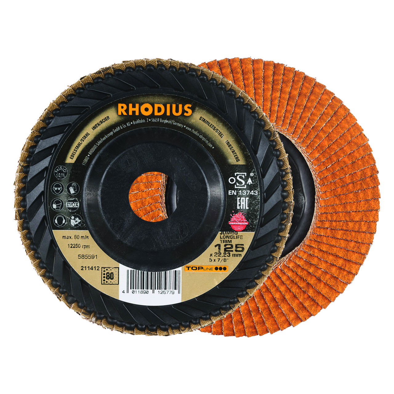 211412 Jumbo Longlife lamellenslijpschijf, een conisch gevormde, trimbare lamellenschijf met extra lange en dicht op elkaar liggende lamellen voor zeer lange levensduur. De lamellenslijpschijf heeft een diameter van 125 mm, en asgat van 22.23 mm en een K80 korrelgrootte. Eigenschappen: - Groot verspanend vermogen - Bijzonder lange levensduur - Bijzonder goed bij het kantslijpen - IJzer- en zwavelvrij. Deze lamellenslijpschijven zijn geschikt voor het gebruik op de haakse slijper. Geschikt voor de bewerking van Staal en RVS. 10 lamellenslijpschijven per doos