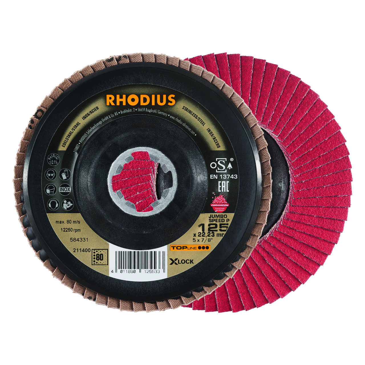 211400 Jumbo Speed X-Lock lamellenslijpschijf, een conische lamellenschijf met een keramische korrel. De lamellenschijf heeft een diameter van 125 mm, een asgat van 22.23 mm en een K80 korrelgrootte. Eigenschappen: - Uitermate geschikt voor industriele toepassingen met bijzonder veel slijpwerkzaamheden - IJzer- en zwavelvrij - 30% langere levensduur. Deze lamellenslijpschijven zijn geschikt voor het gebruik op de haakse slijper. Geschikt voor de bewerking van Staal en RVS. 10 lamellenschijven per doos