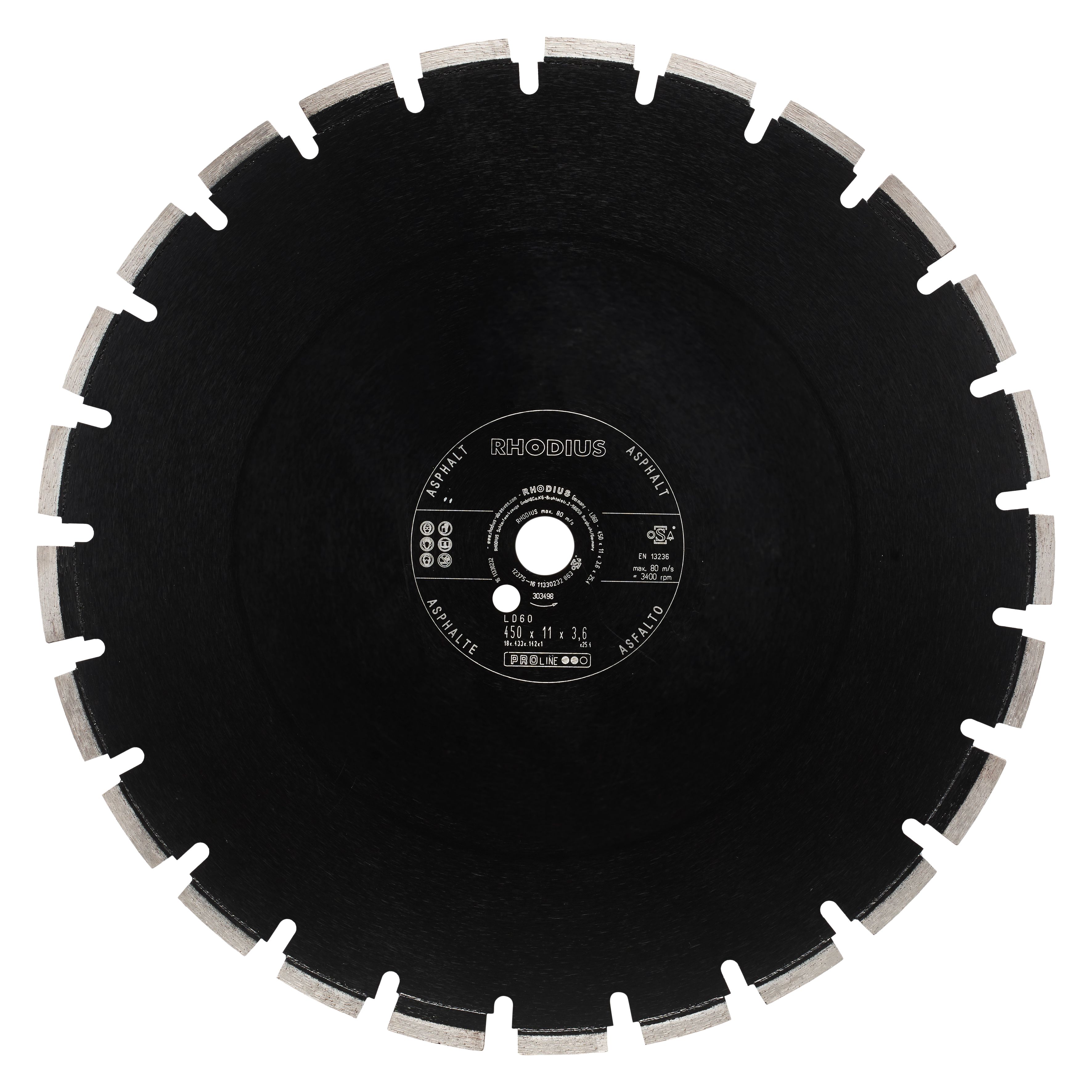 303498 LD60 Diamantdoorslijpschijf 450 mm met asgat 25.4 mm. Met gesmede segmenten, dit zorgt voor een minimum aan trilling tijdens de werkzaamheden. EIGENSCHAPPEN: - Geschikt voor Asfalt - Nat en droogslijpen - 11 mm diamantsegmenten - Lasergelast - Hoge veiligheid tegen ondersnijding door diepe beschermsegmenten.