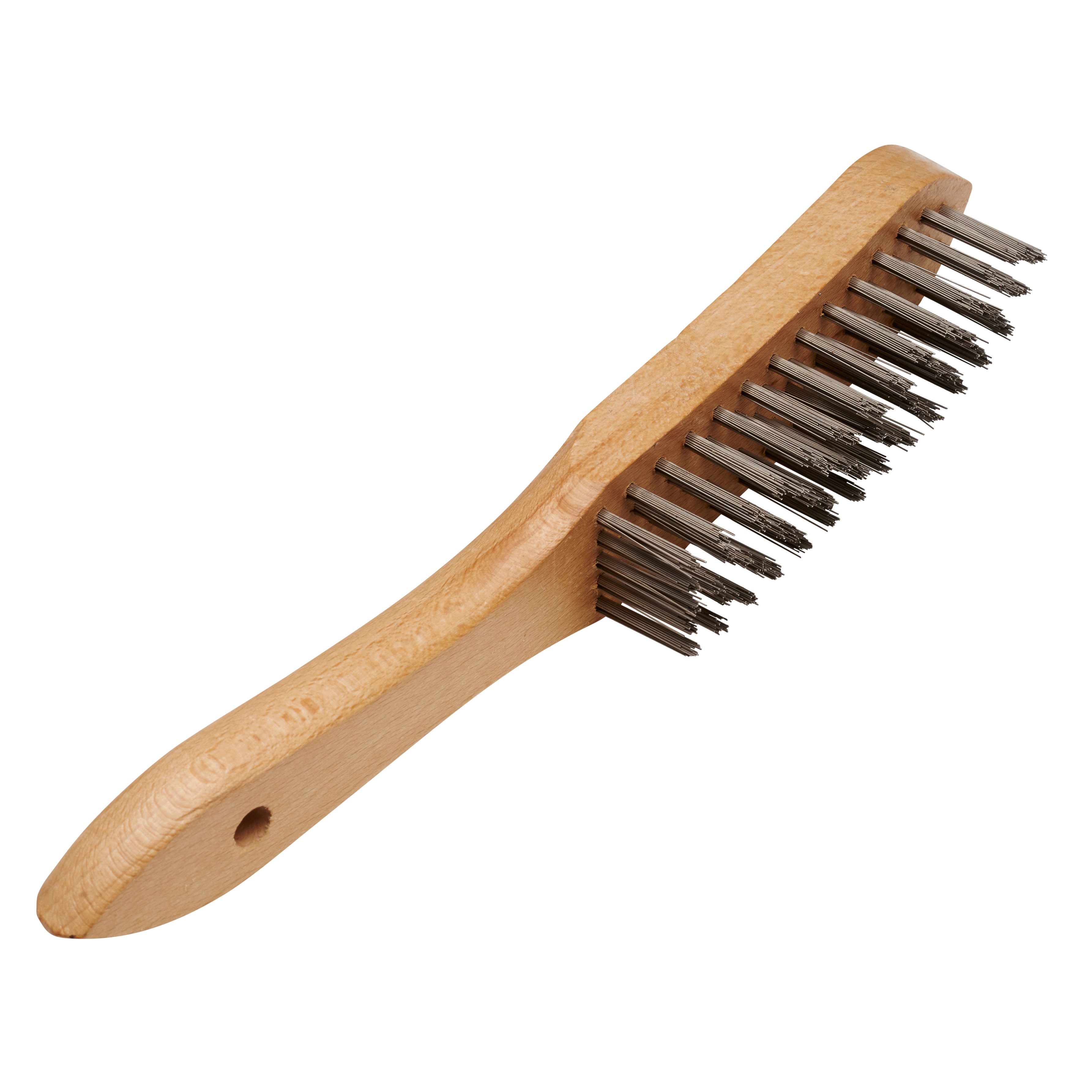 353058 SHBG handborstel, een staal handborstel met rechte stalen draden. De handborstel bezit 5 rijen rechte stalen draden met een draaddikte van 0.35 mm. Eigenschappen: - Groot reinigend vermogen - Voor het verwijderen van zware aantastingen. Deze handborstels zijn geschikt voor de bewerking van staal. 12 staal handborstels per doos
