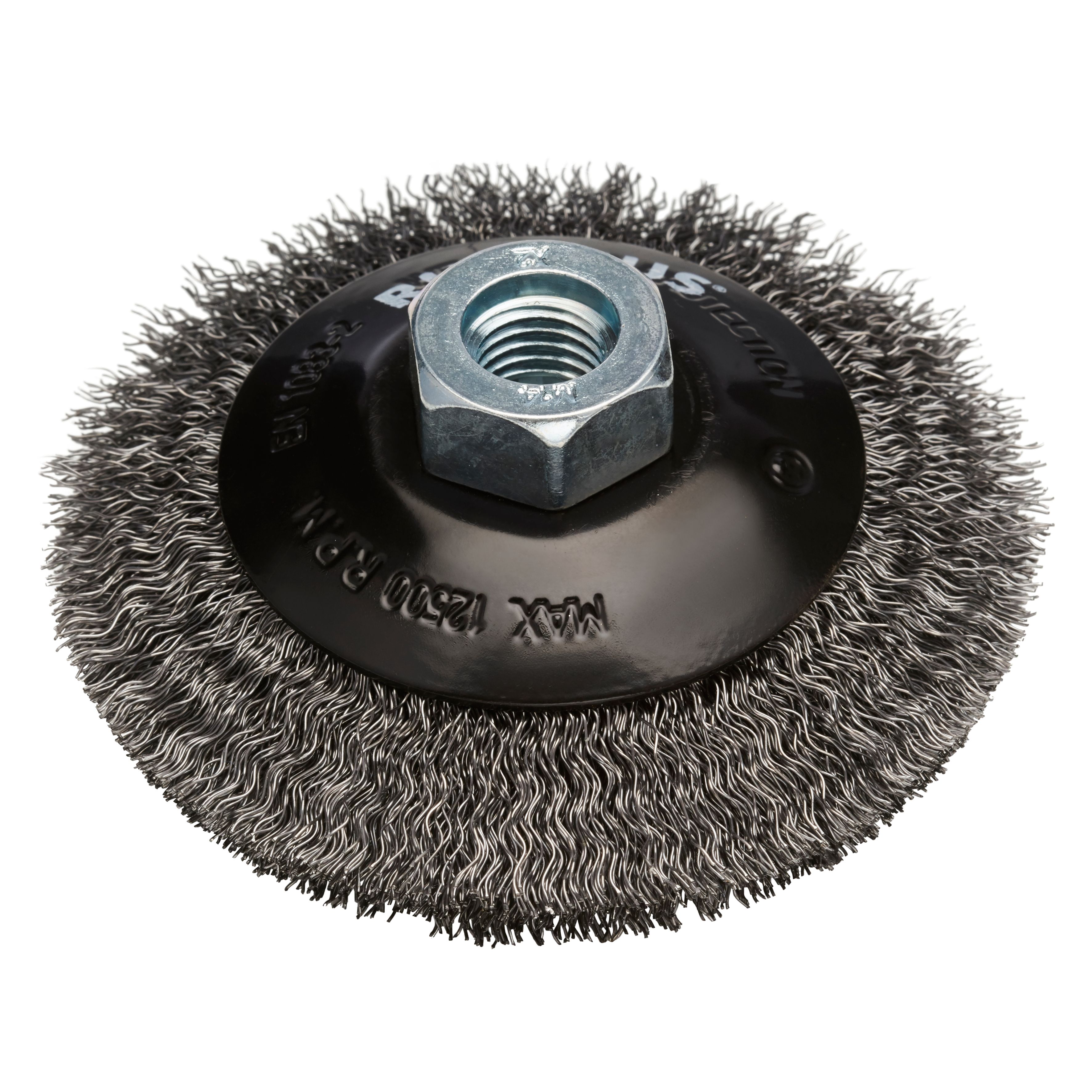 353025 SKBW kegelborstel, een kegelborstel van staal met gegolfde staaldraad. De kegelborstel heeft een diameter van 100 mm, M14 asgat en een draaddikte van 0.30 mm. Eigenschappen: - Voor flexibel werken - Combineert de voordelen van komborstels en radiale borstels - Vermessingd voor grotere bescherming tegen corrosie. Deze kegelborstels zijn geschikt voor het gebruik op de haakse slijper. Geschikt voor de bewerking van staal. De kegelborstel is per stuk verpakt