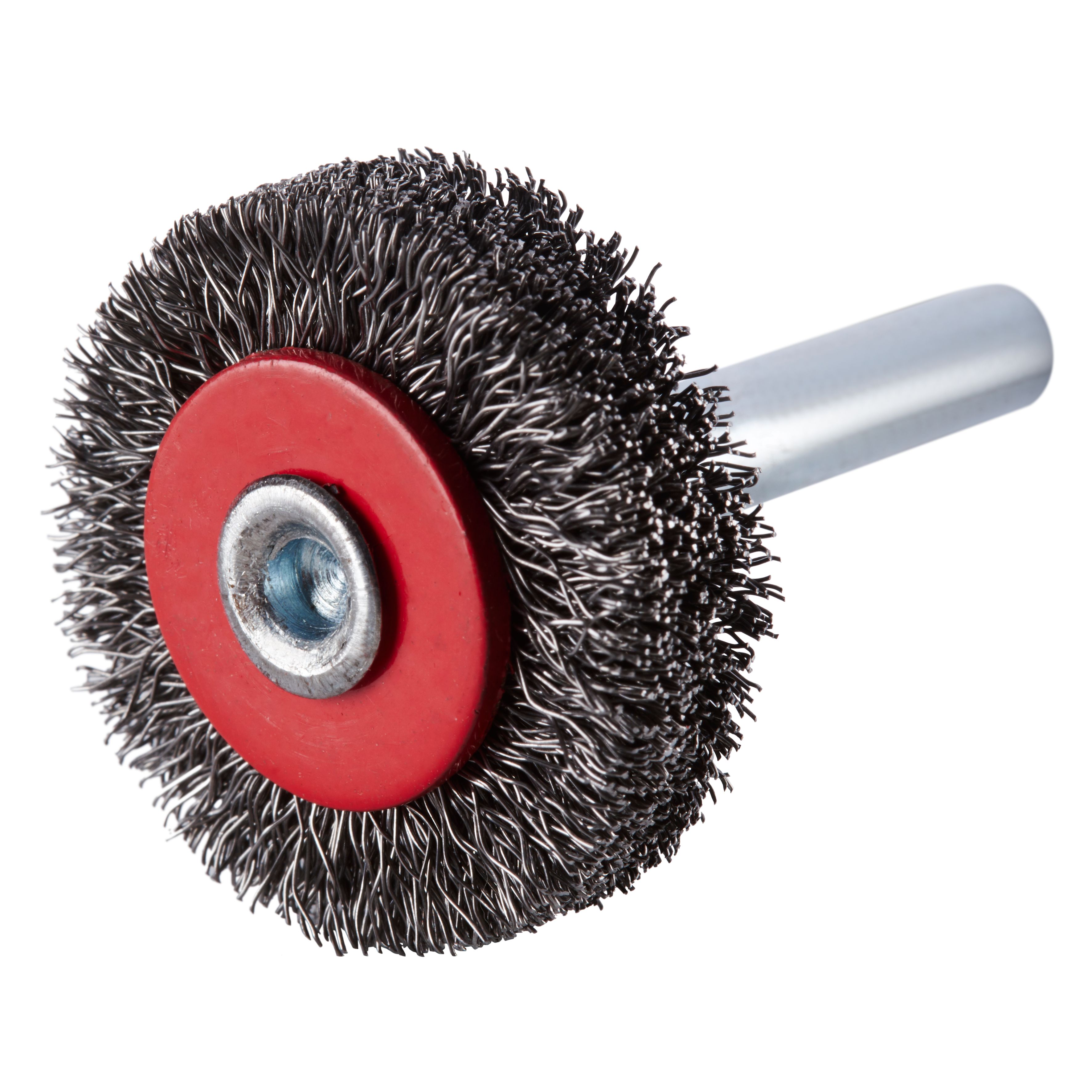 353159 SRBWGS staalborstel op stift, een radiale staalborstel met gegolfde staaldraad met 6 mm as, een diameter van 30 mm, asgat van 6.0 mm en een draaddikte van 0.20 mm. Eigenschappen: - Een hoog maximaal toelaatbaar toerental - Voor het behoedzaam reinigen - In kunststof ingegoten voor een tot wel 10x langere levensduur. Deze radiale staalborstels op stift zijn geschikt voor het gebruik op de rechte slijper en aandrijving met gebogen as. Geschikt voor de bewerking van staal. 10 radiale borstels per doos
