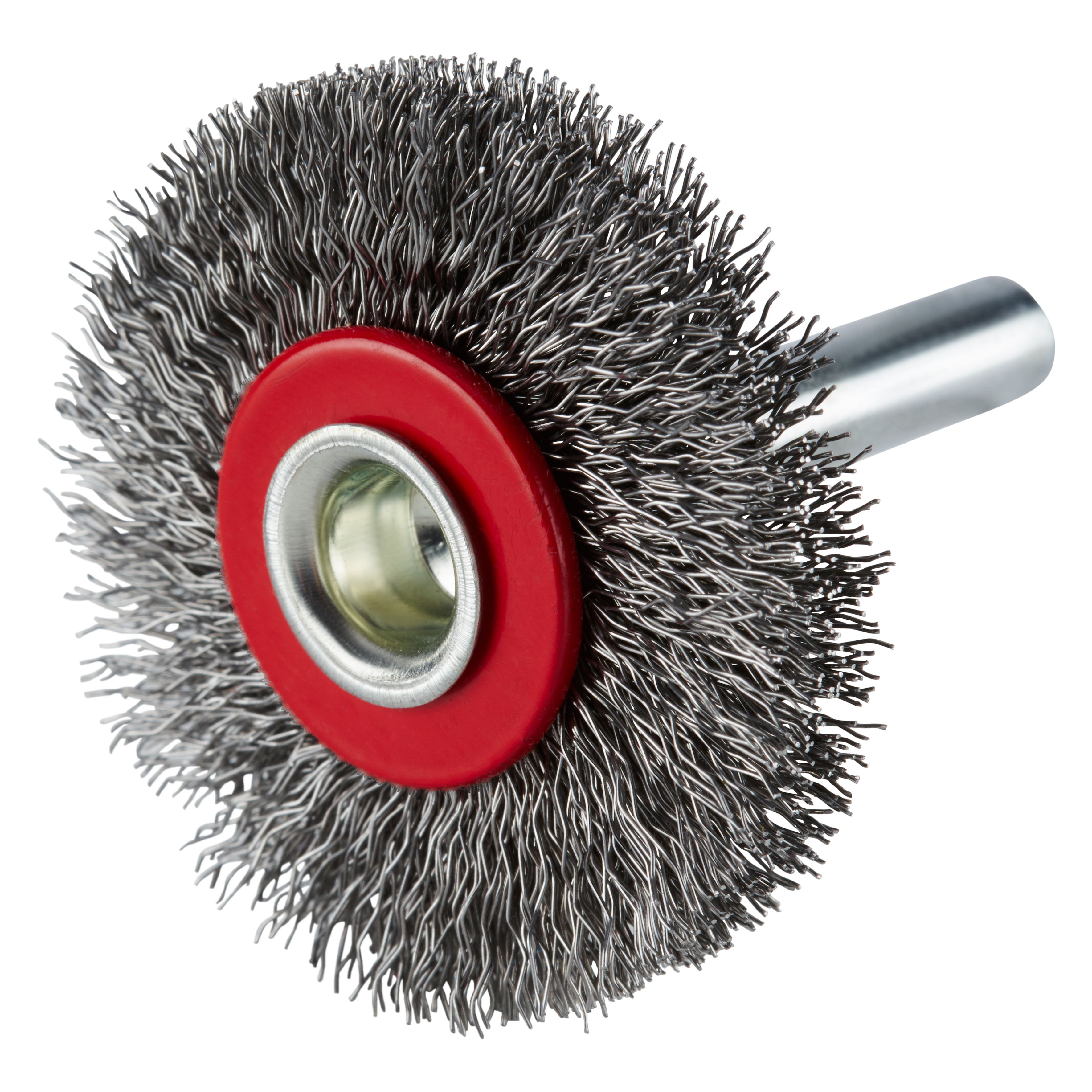 353050 SRBWGS staalborstel op stift, een radiale staalborstel met gegolfde staaldraad met 6 mm as, een diameter van 40 mm, asgat van 6.0 mm en een draaddikte van 0.20 mm. Eigenschappen: - Een hoog maximaal toelaatbaar toerental - Voor het behoedzaam reinigen - In kunststof ingegoten voor een tot wel 10x langere levensduur. Deze radiale staalborstels op stift zijn geschikt voor het gebruik op de rechte slijper en aandrijving met gebogen as. Geschikt voor de bewerking van staal. 10 radiale borstels per doos