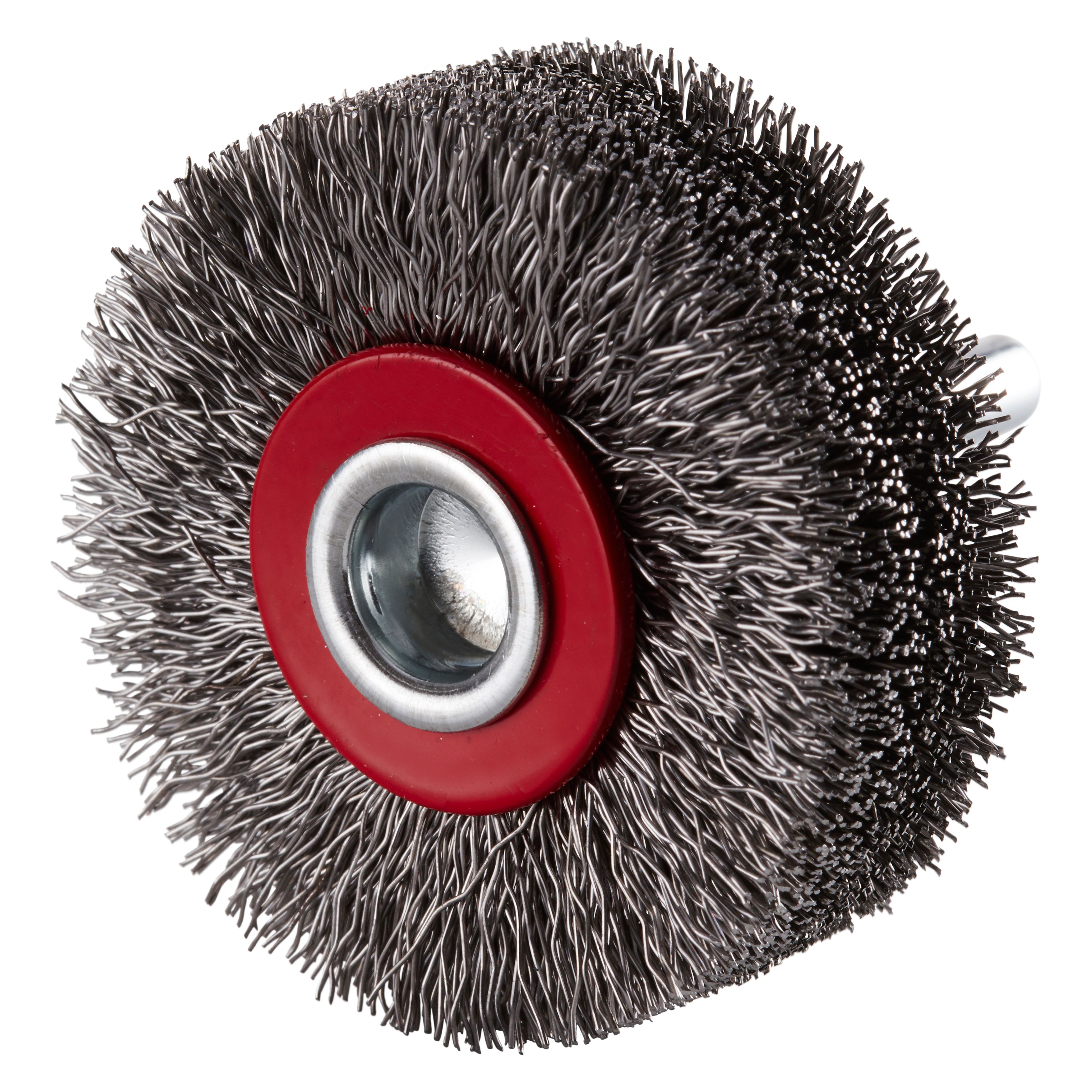 353047 SRBWGS staalborstel op stift, een radiale staalborstel met gegolfde staaldraad met 6 mm as, een diameter van 50 mm, asgat van 6.0 mm en een draaddikte van 0.30 mm. Eigenschappen: - Een hoog maximaal toelaatbaar toerental - Voor het behoedzaam reinigen - In kunststof ingegoten voor een tot wel 10x langere levensduur. Deze radiale staalborstels op stift zijn geschikt voor het gebruik op de rechte slijper en aandrijving met gebogen as. Geschikt voor de bewerking van staal. 10 radiale borstels per doos