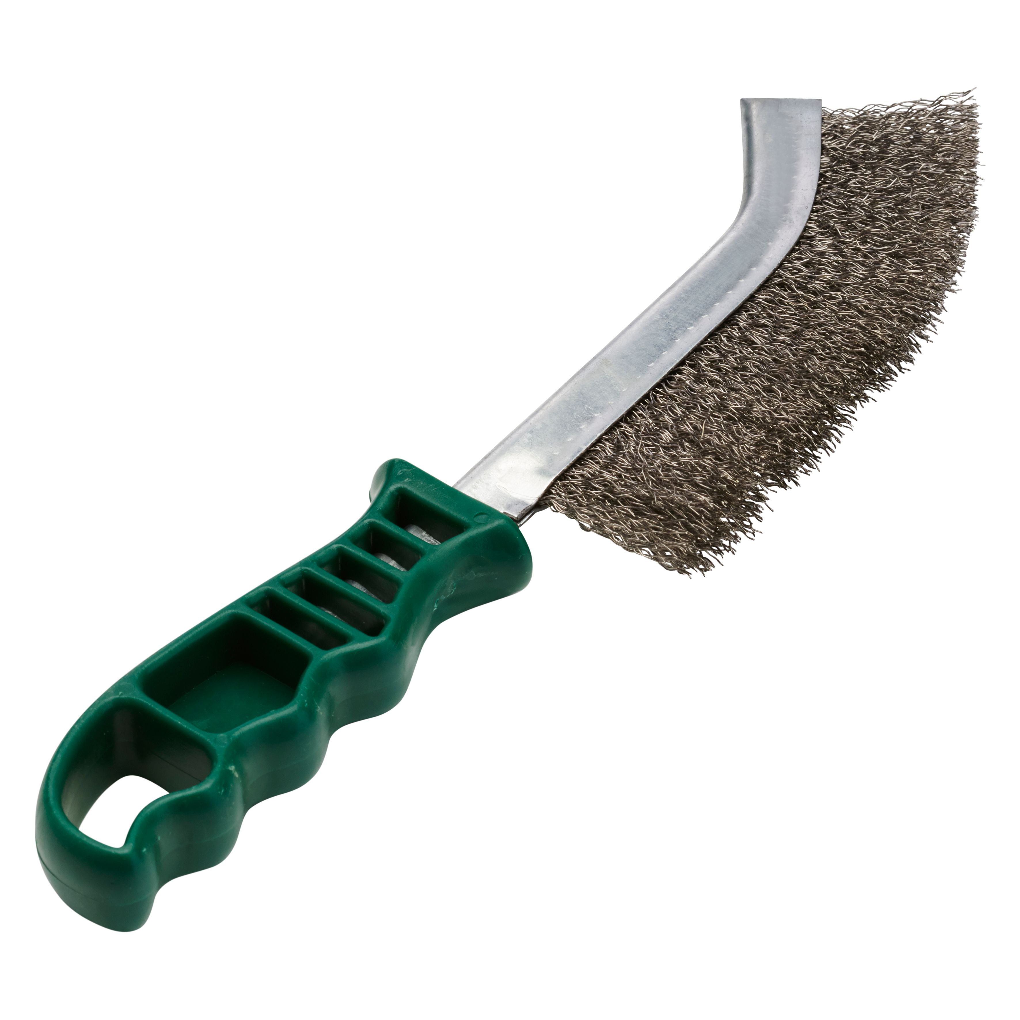 353060 UHBW handborstel, een universele handborstel met gegolfde draad voor behoedzame reiniging. De handborstel heeft een roestvrije draad met een draaddikte van 0.30 mm. Eigenschappen: - Ergonomische kunststof handgreep - Voor flexibel werken - Voor het gemakkelijk reinigen. Deze universele handborstel is geschikt voor de bewerking op staal, RVS en aluminium al naar gelang de samenstelling. 24 universele handborstels per doos