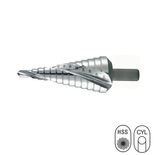 SBS904012 HSS Stappenboor met Spiraal, 4 - 12 mm, voor intensief dagelijks gebruik, voor het opboren of afwerken van boorgaten in plaatstaal, non-ferrometalen en PVC. Voor het stapsgewijs boren van mooie afgeronde gaten in kunststof en metaal. De diameter en stappen zitten in de boor gegraveerd en blijven uitermate lang zichtbaar. Geschikt voor bijna iedere boor- en accuboormachine.