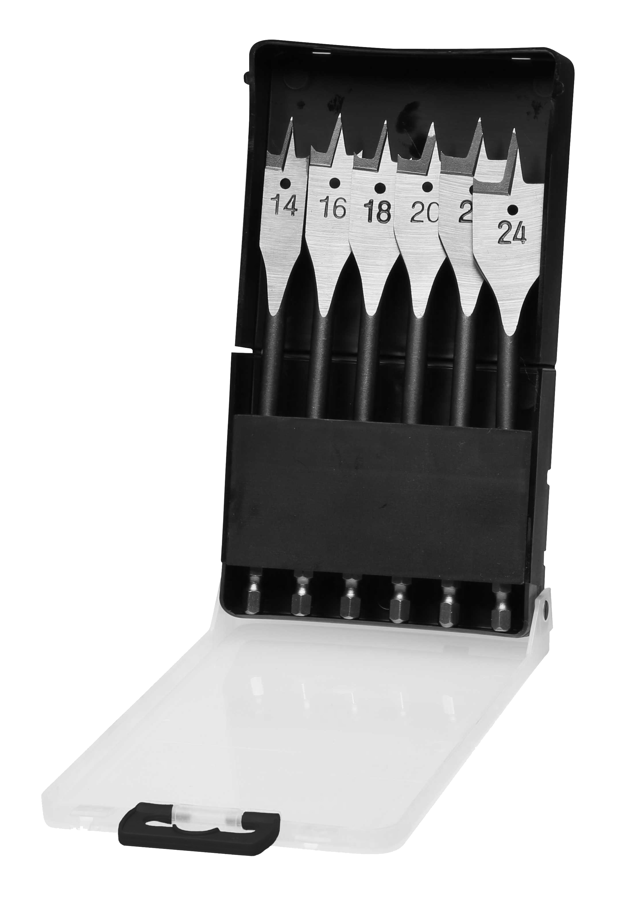 SPB50062 6-delige set speedboren van 150 mm lengte in kunststof cassette. Inhoud: 1x 14, 16, 18, 20, 22, 24 mm