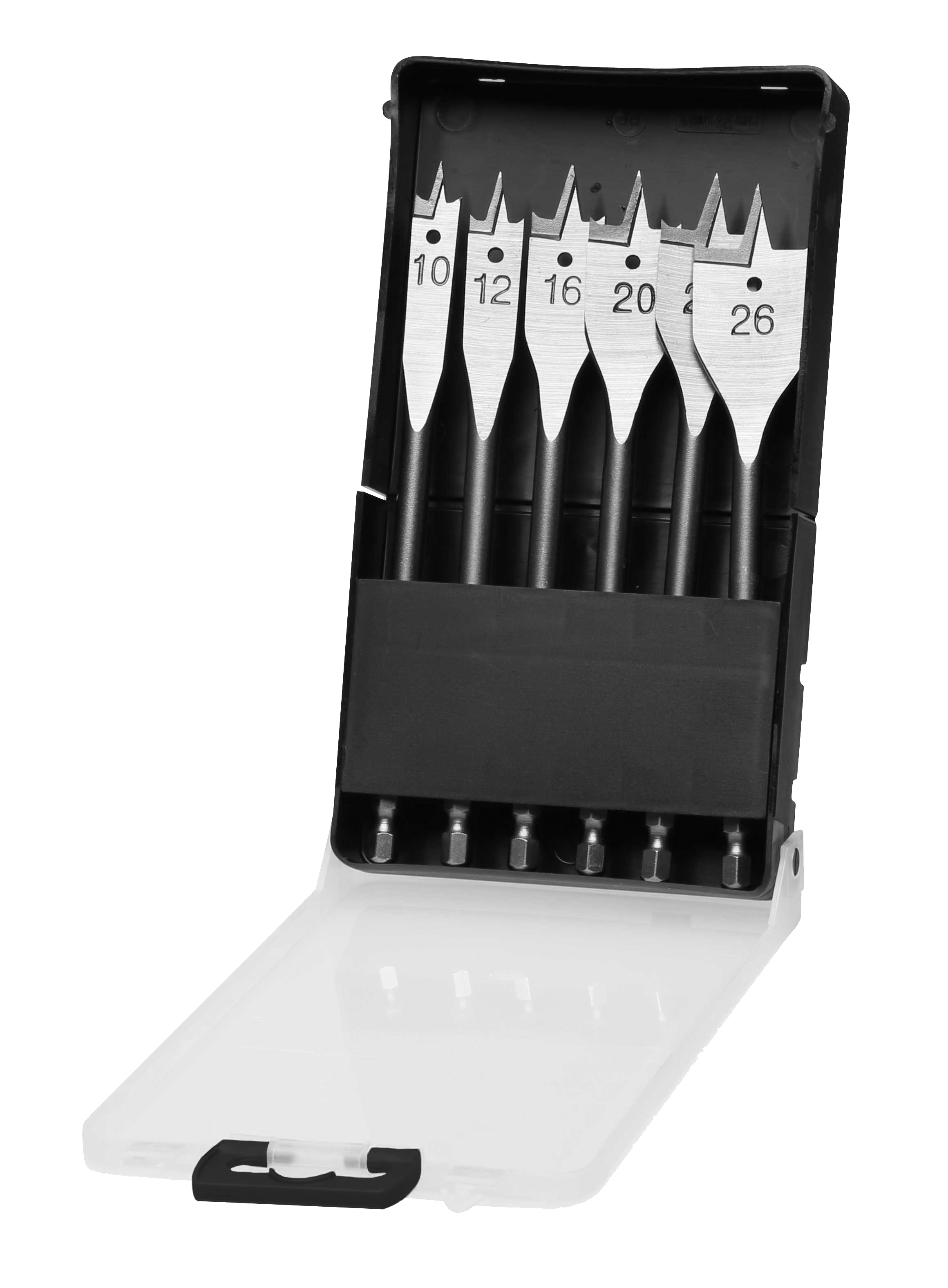 SPB50064 6-delige set speedboren van 150 mm lengte in kunststof cassette. Inhoud: 1x 10, 12, 16, 20, 22, 26 mm