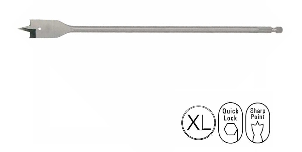 SPL130400 Speedboor 13.0 mm in 400 mm lange uitvoering. Gebruik de speedboor voor het boren van gaten in zacht- en hardhout. Maakt op hoge snelheid diepe gaten in hout en kunststof. De speedboor heeft een Quicklock opname wat het wegslippen van de boor voorkomt. De boor is rechtssnijdens en heeft geslepen snijvlakken alsook een centreerpunt.