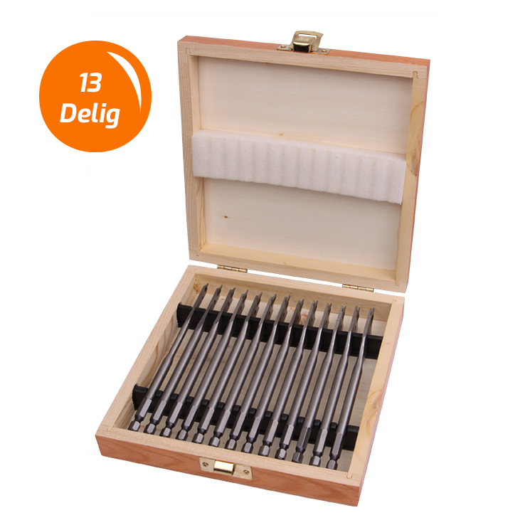 SPB50066 13 speedboren verpakt in houten koffer. Inhoud cassette 13 speedboren t.w. diameter – 6 mm / 8 mm / 10 mm / 12 mm / 13 mm / 14 mm / 16 mm / 17 mm / 18 mm / 19 mm / 20 mm / 22 mm en 25 mm. Lengte speedboor is 150 mm. Voor het snel boren van diepe gaten in hout, hardhout, laminaat etc.